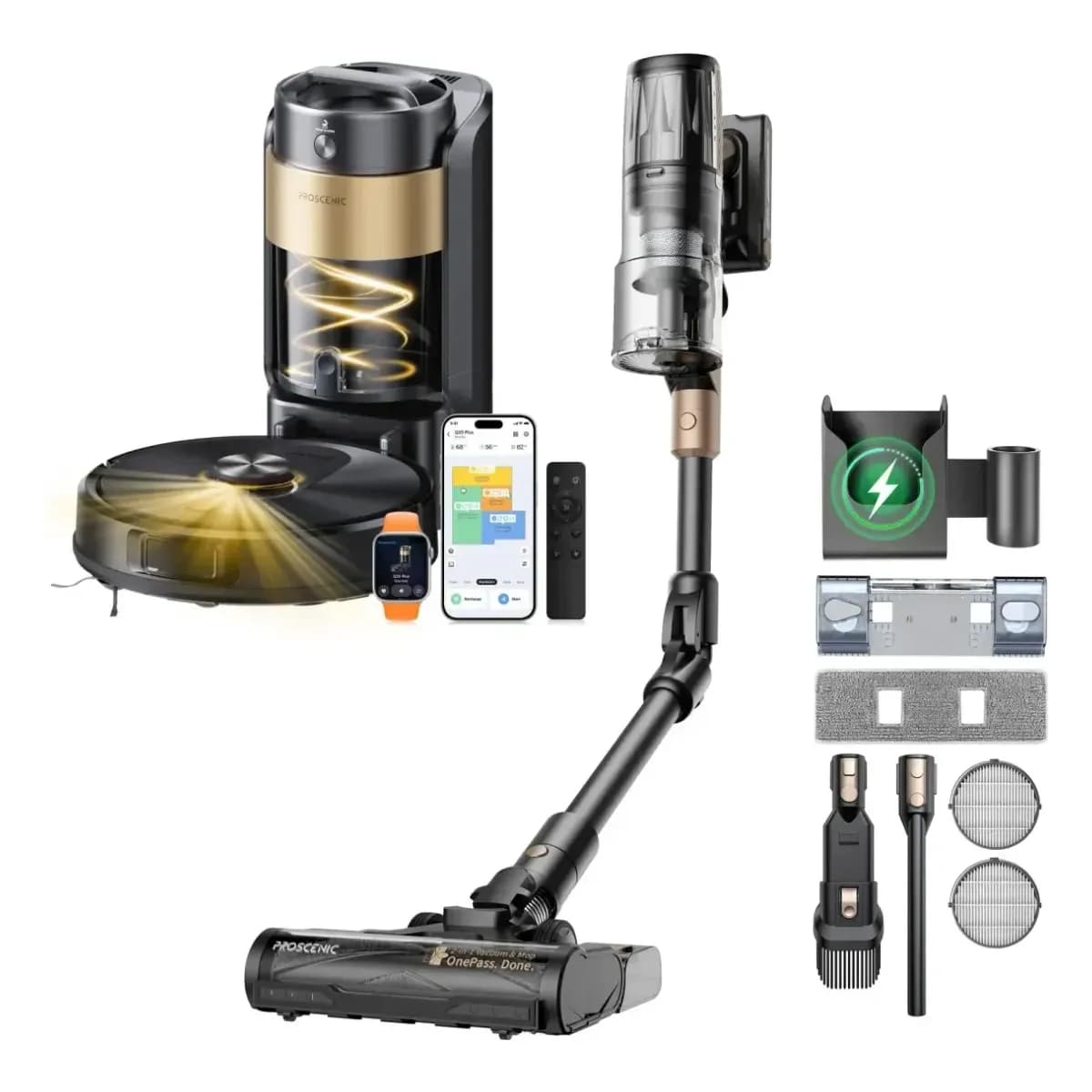 Proscenic P20 OnePass Cordless Vacuum Cleaner and Q20 Plus Robot Vacuum Combo Complete Home Cleaning Set - 1